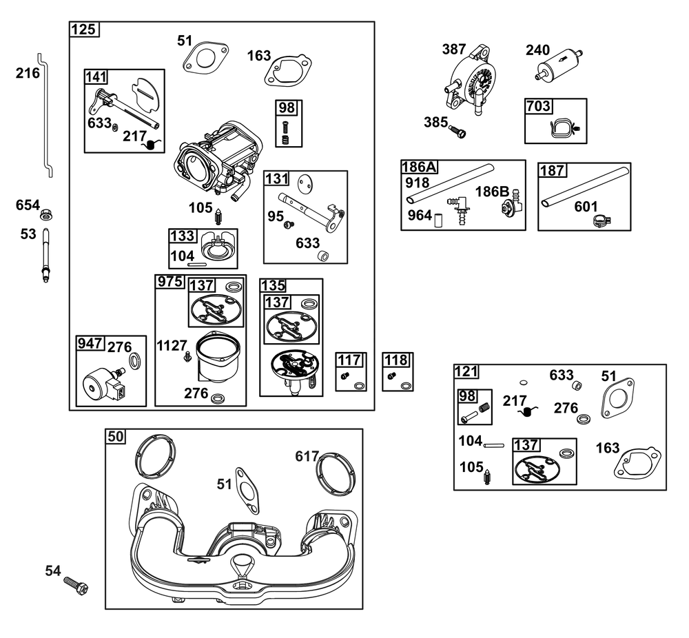 Carburetor And Fuel Supply Group Diagram and Parts List for 44C877-0001-B5 400000 - 699999 Briggs and Stratton Engine